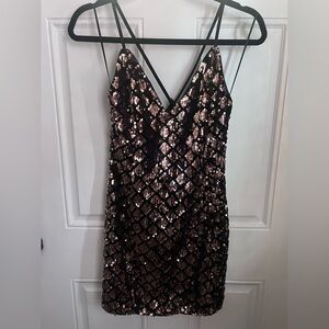 NWT Sequin Grid Slip Dress in Black and Gold